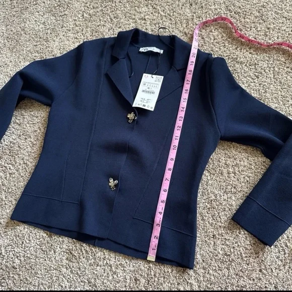 NWT Zara Flower Button Knit Cardigan Blazer Sweater in Navy Blue size Medium - Picture 12 of 12